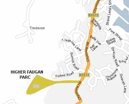 Sketch map of the approach to Higher Faugan Parc up Chywoone Hill, Newlyn